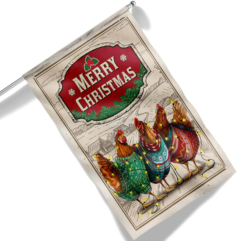 Chicken Christmas Flag Three Hens With Light Vintage Flag