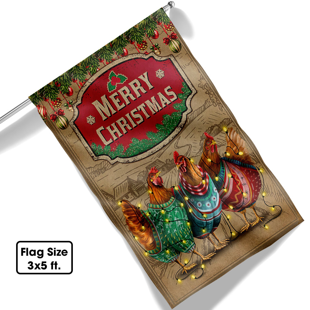 Chicken Christmas Flag Three Hens With Light Vintage Flag Merry Christmas