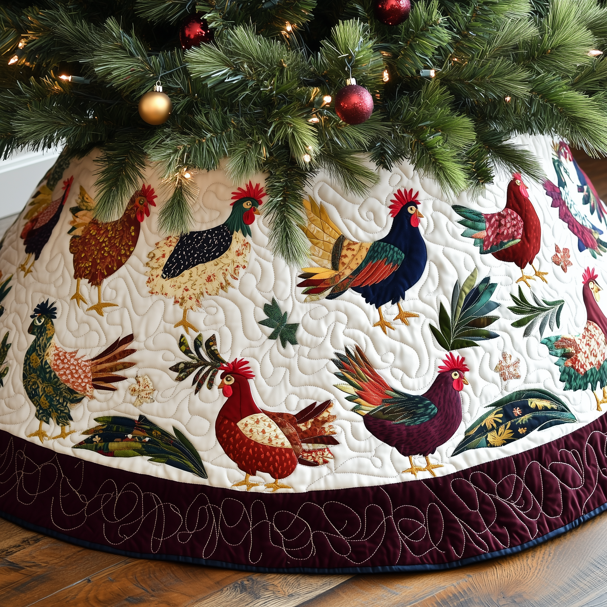 Chicken Christmas Quilted Tree Skirt Festive Living Room Merch