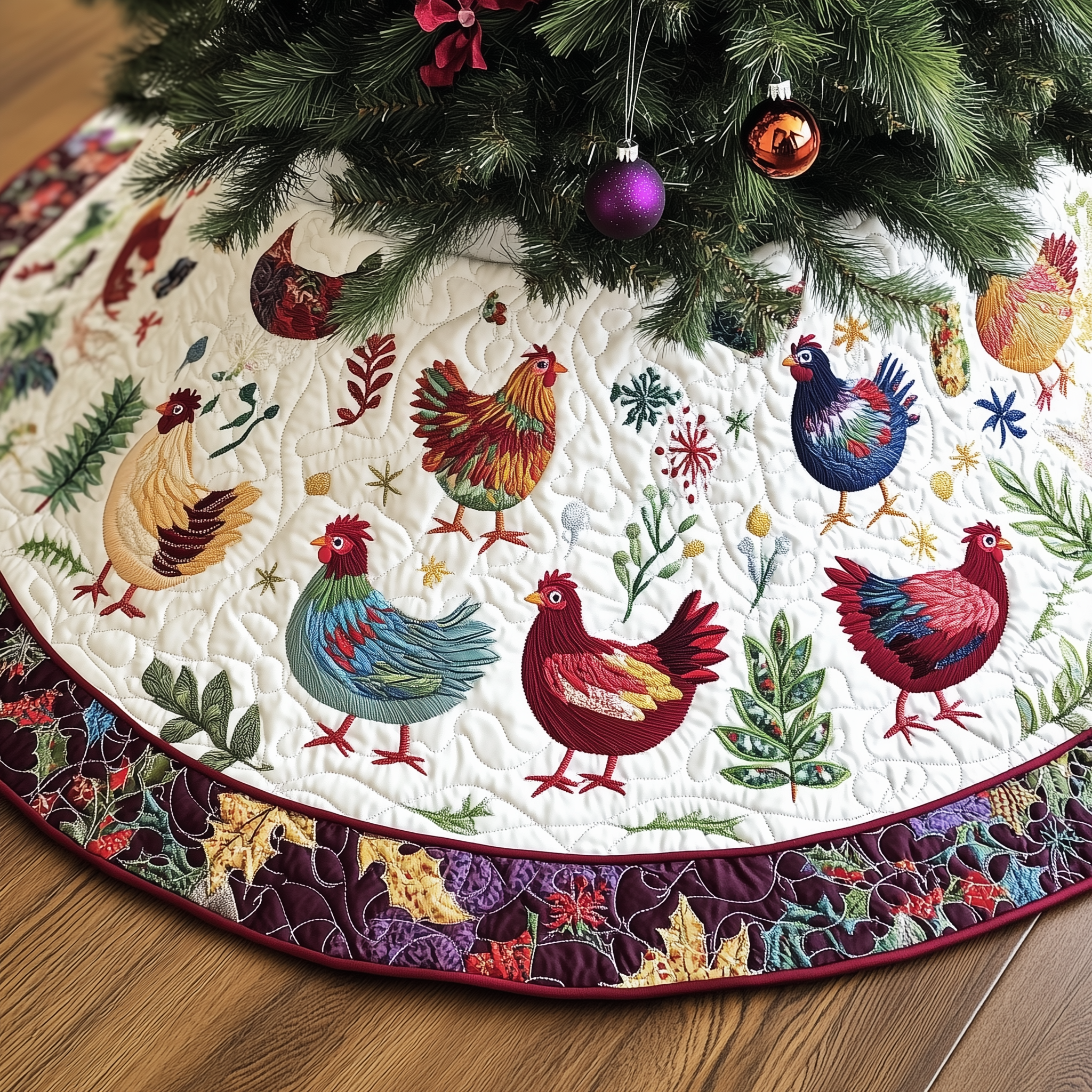 Chicken Christmas Quilted Tree Skirt Warm Winter Home Merch