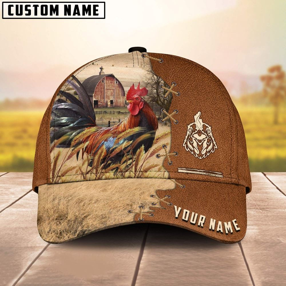 Chicken Custom Name Brown Leather Pattern Cap Farm Cap Farmer Baseball Cap Gift For Farmer