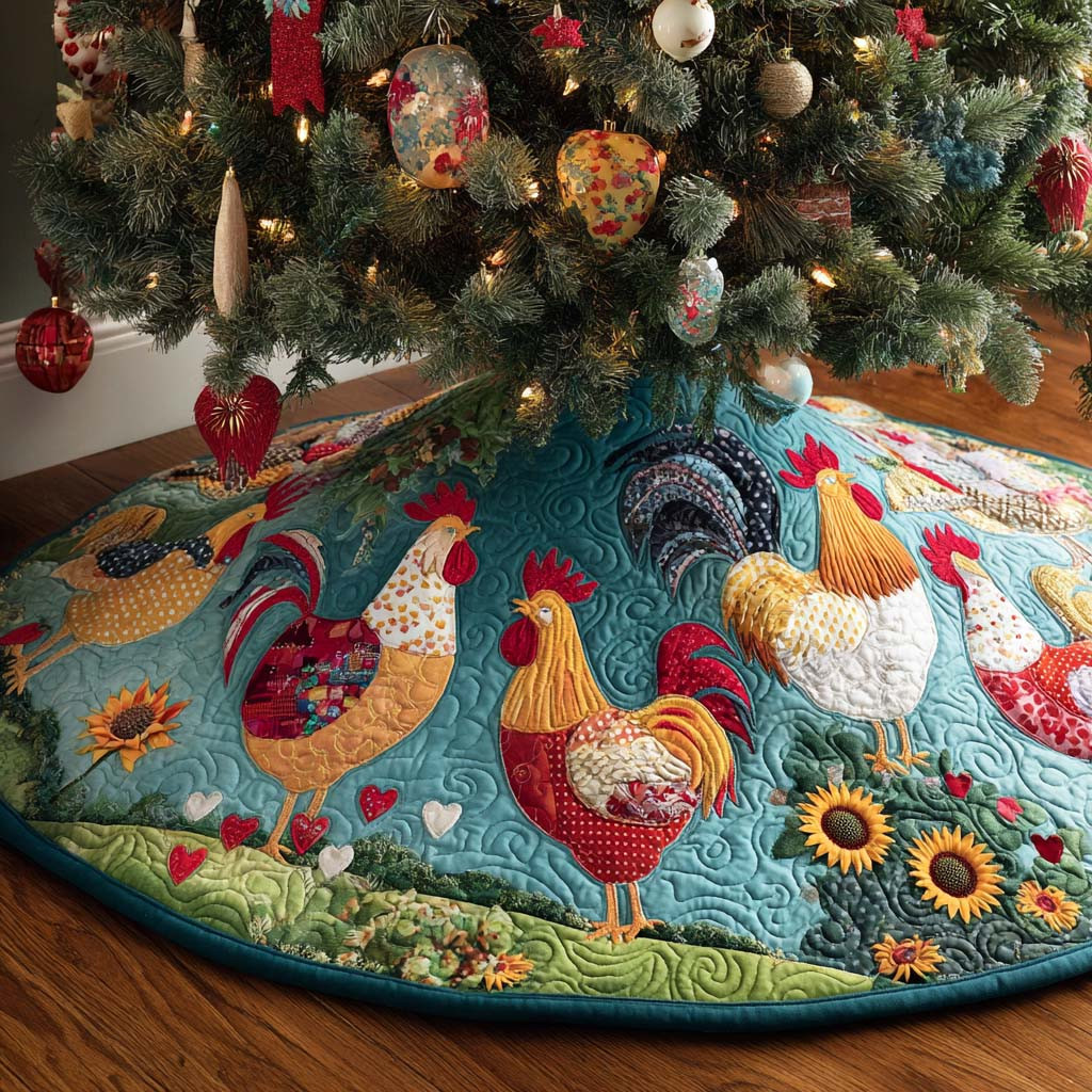 Chicken Farm Christmas Quilted Tree Skirt Animal Pattern Christmas Gifts For Chicken Owners