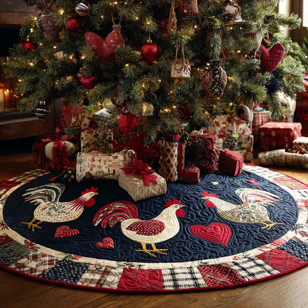 Chicken Feather Whimsy Christmas Quilted Tree Skirt Holiday Decor Chicken Christmas Gifts