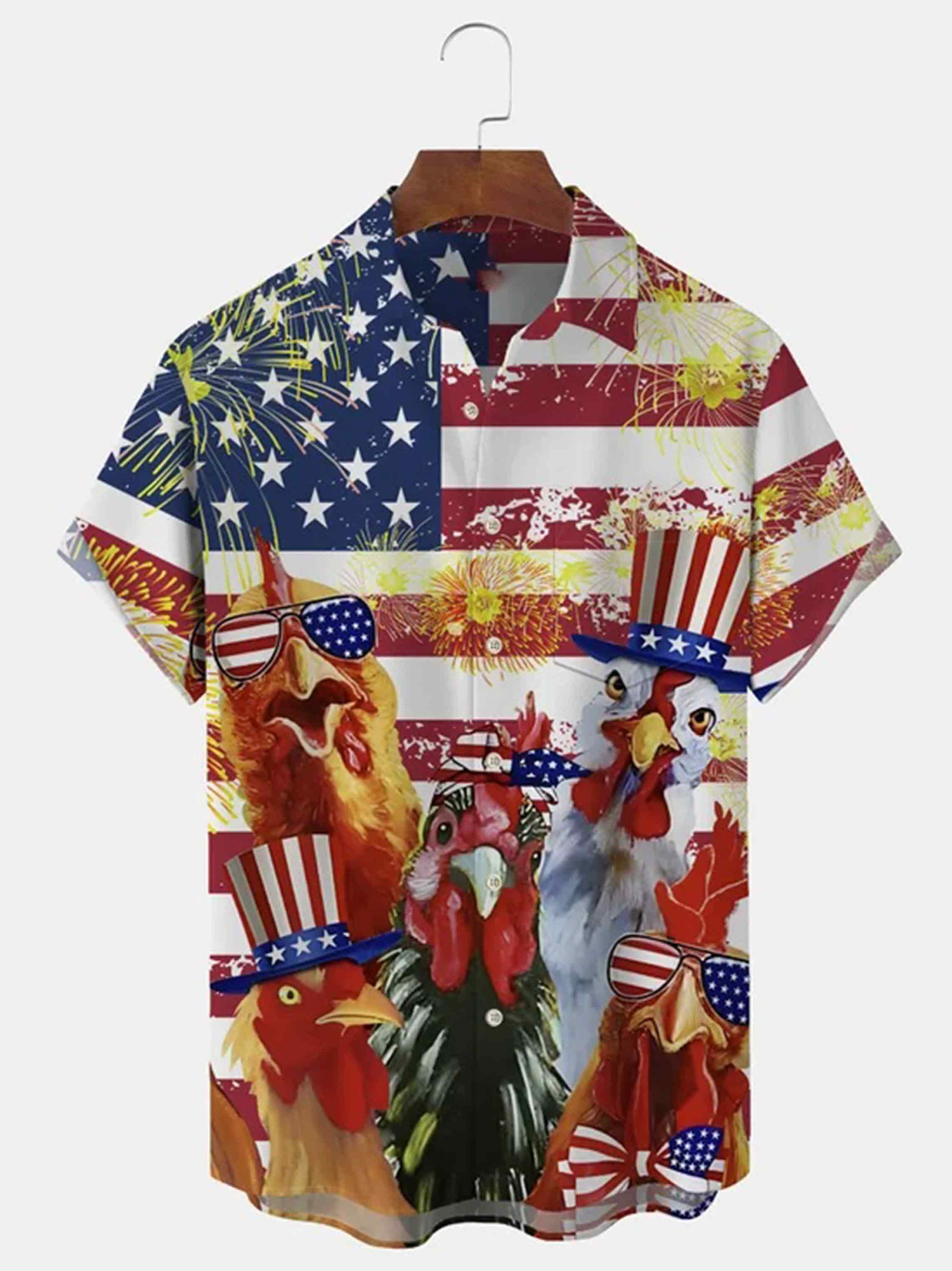 Chicken Hawaiian Shirt USA Flag Fireworks With Chickens In Sunglasses Merch Patriotic Gifts