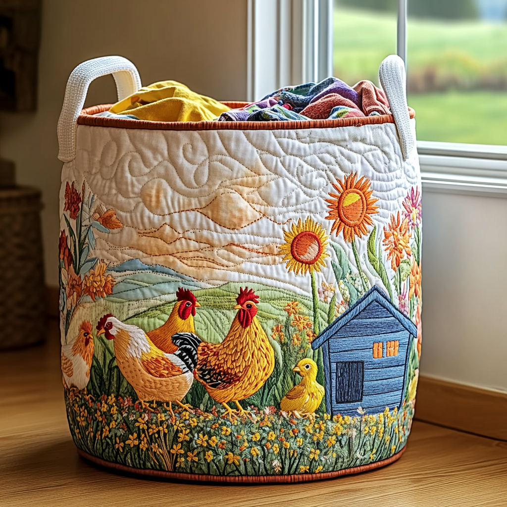 Chicken Meadow Quilted Laundry Basket Valentine's Day Merch Gift