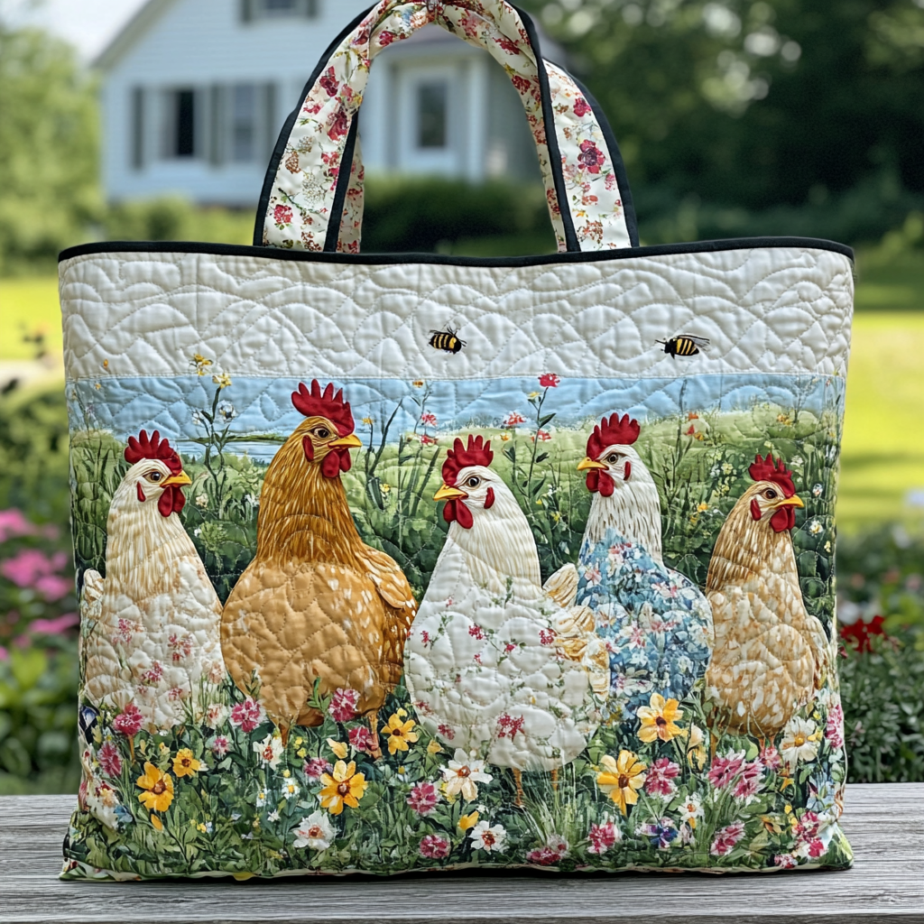 Chicken Meadow Quilted Tote Bag Gifts With Chickens On Them