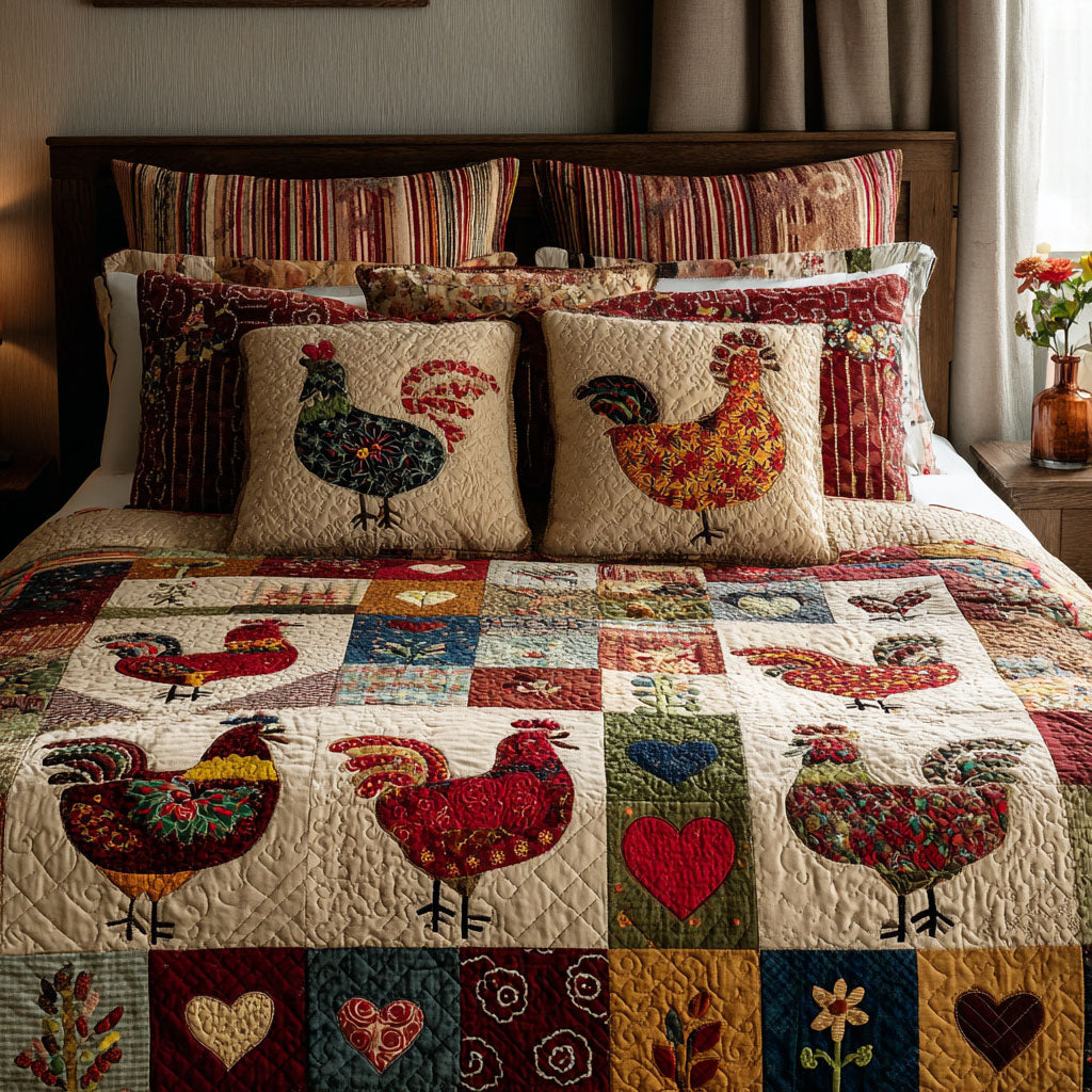 Chicken Melody Quilted Bedding Set Aesthetic Room Decor Chicken Christmas Gifts