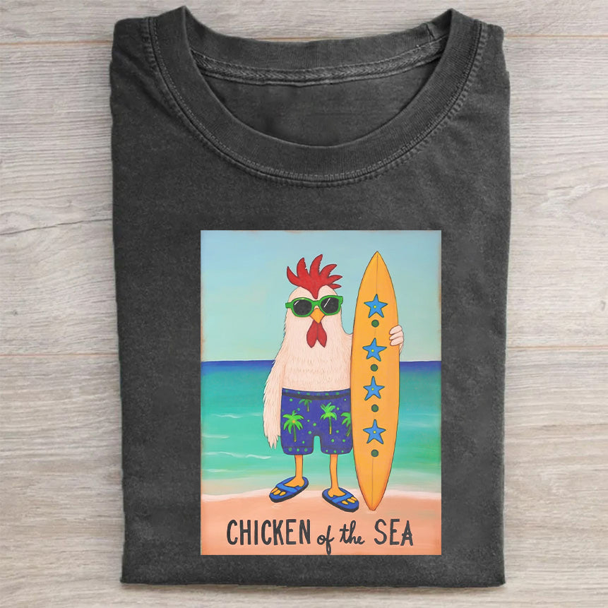 Chicken Of The Sea Surfing Rooster Graphic T-Shirt Funny Animal Merch Best Gift For Surf Lovers
