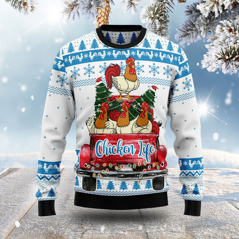 Chicken On Red Truck Ugly Christmas Sweater Xmas Clothing Funny Chicken Gifts