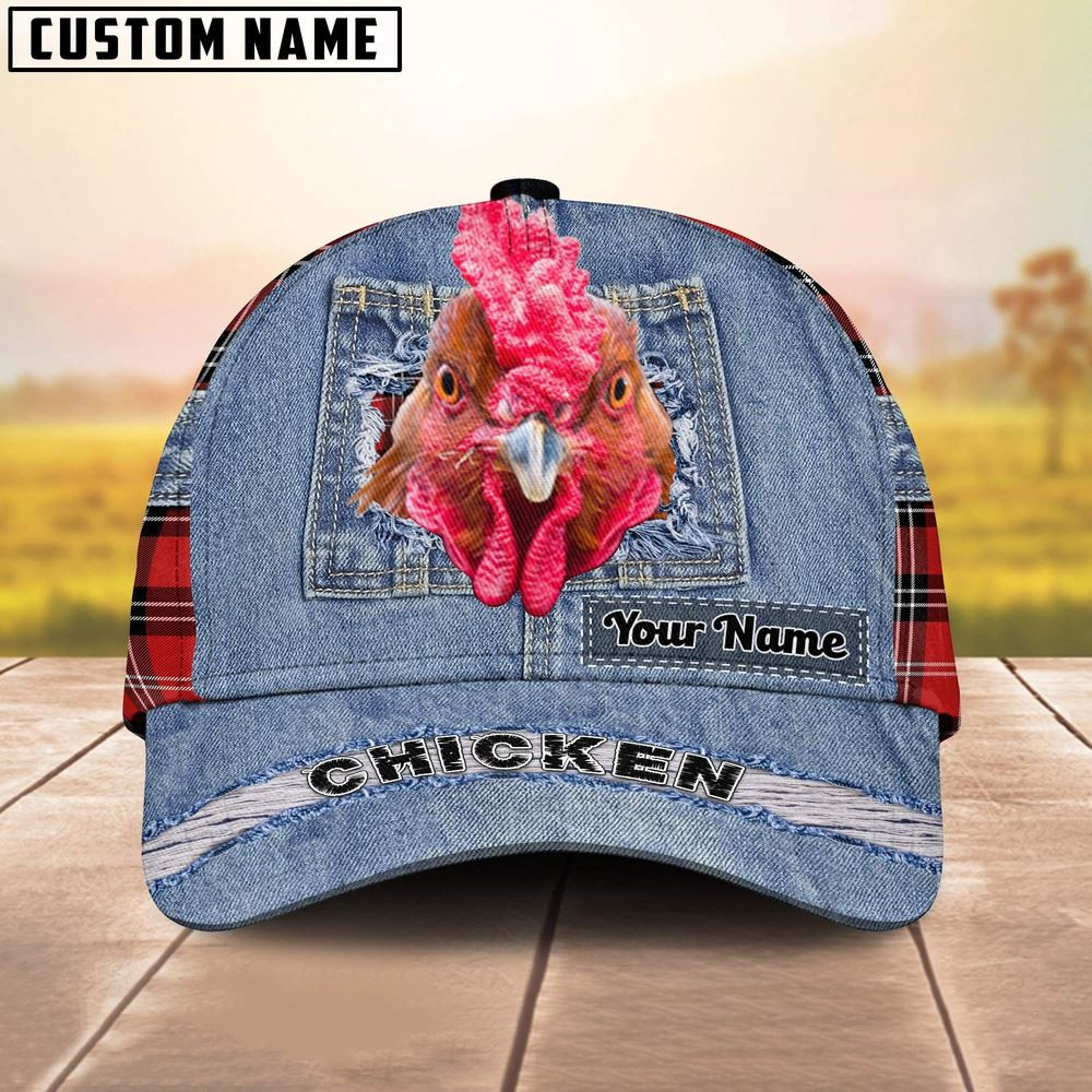 Chicken Overall Jeans Pattern And Red Caro Pattern Customized Name Cap Farmer Baseball Cap Gift For Farmer