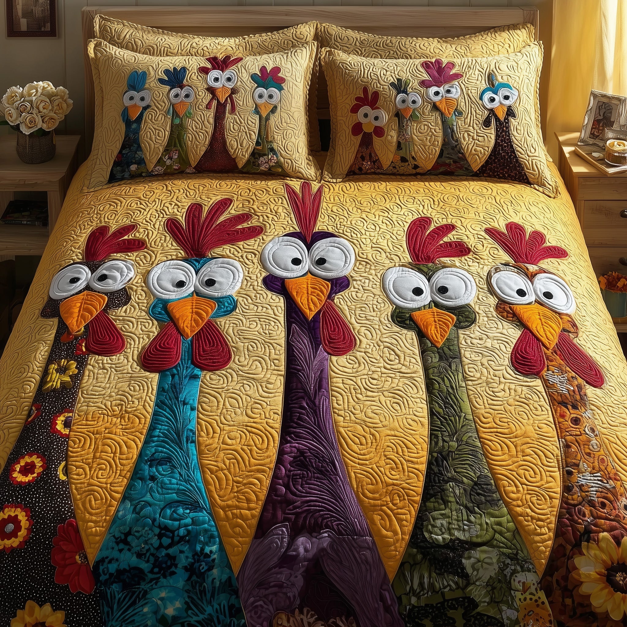Chicken Quilted Bedding Set For Family