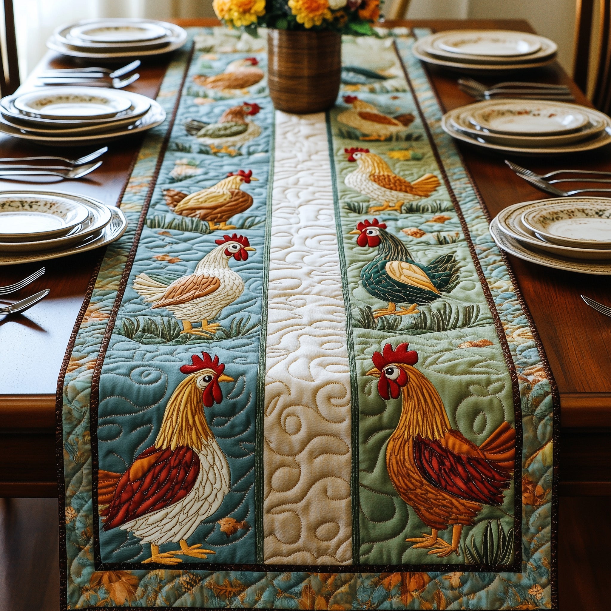 Chicken Quilted Table Runner Christmas Theme Table Runner