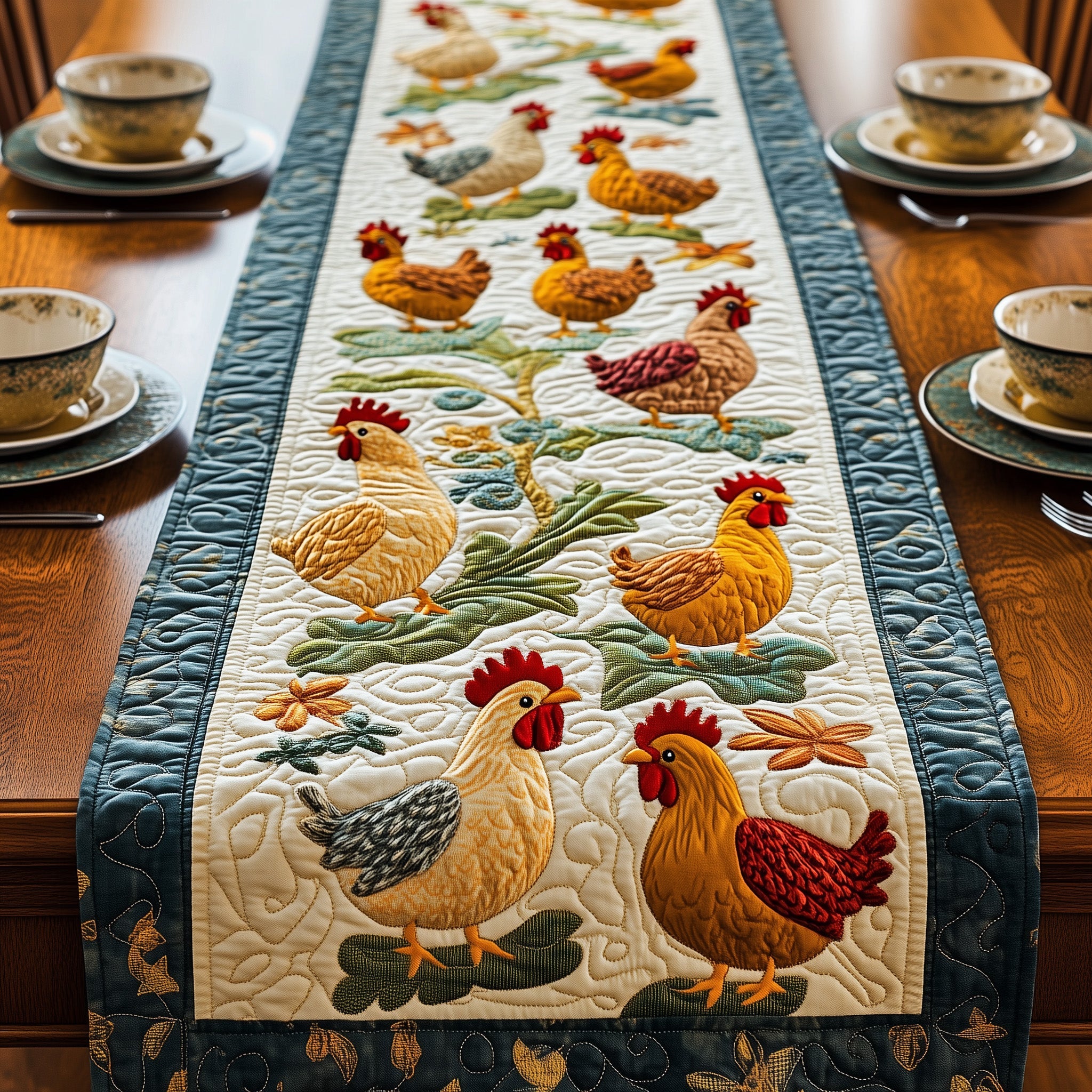 Chicken Quilted Table Runner Elegant Christmas Table Runner