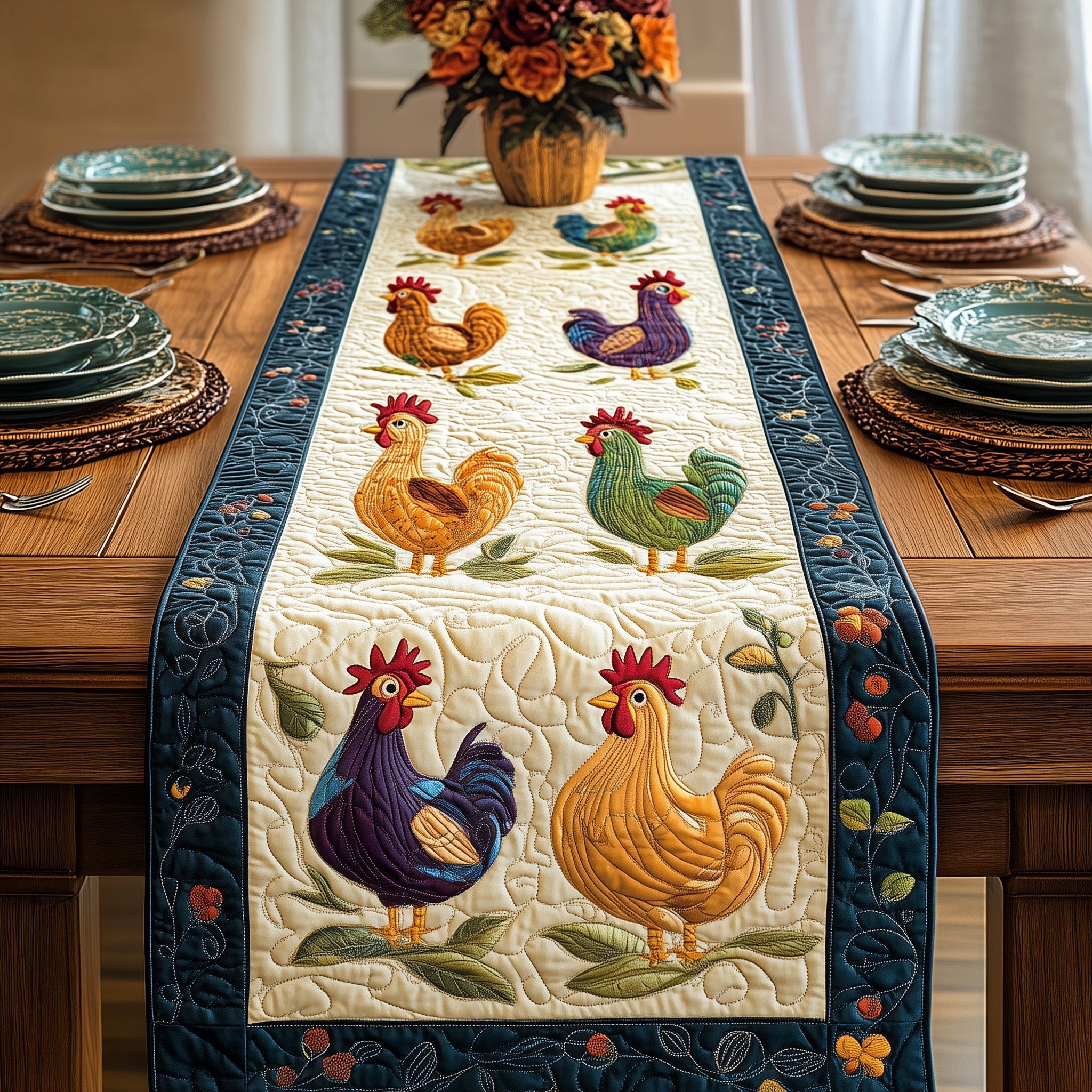 Chicken Quilted Table Runner Festive Christmas Dining Room Table Runner