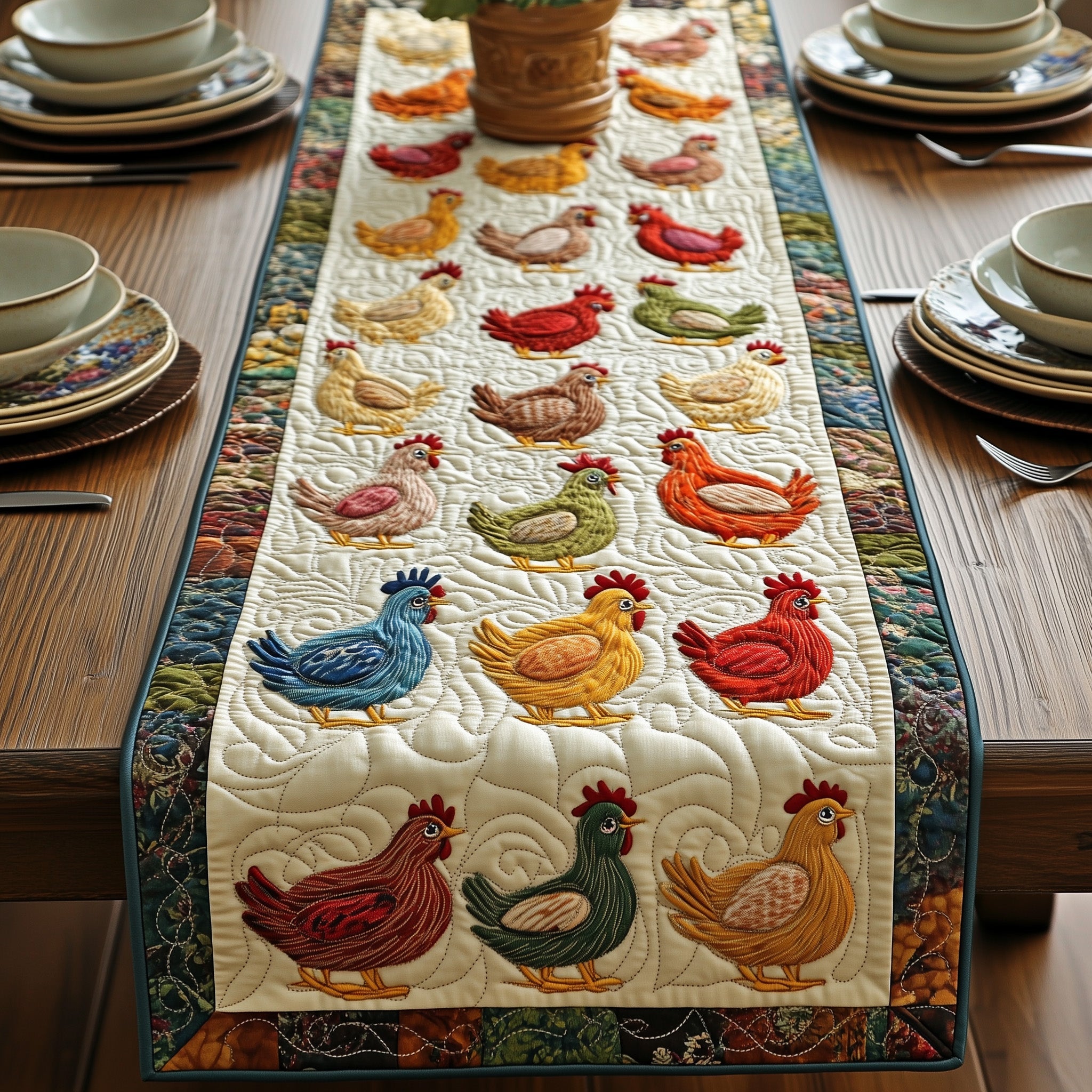 Chicken Quilted Table Runner Festive Holiday Table Runner Decor