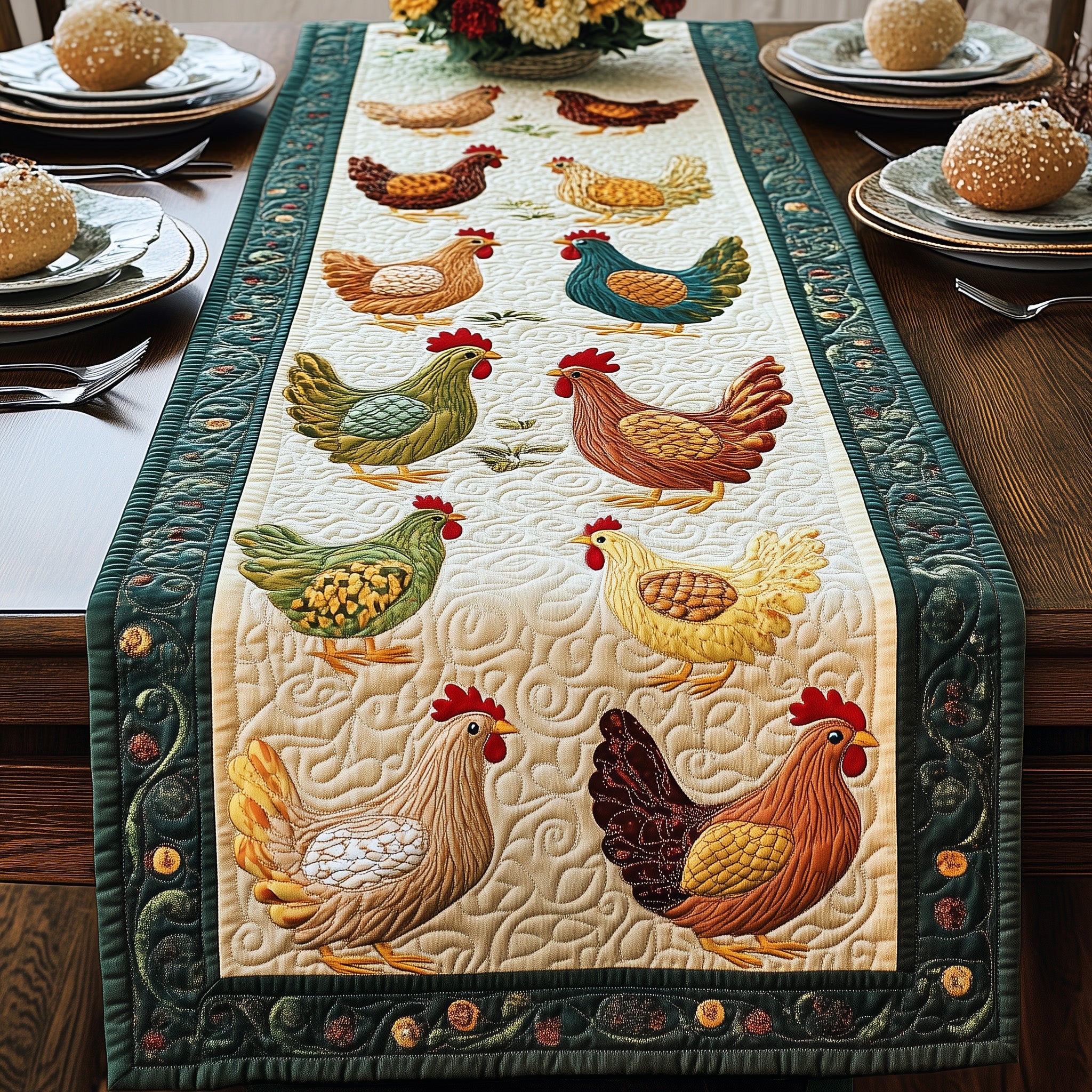 Chicken Quilted Table Runner Holiday Dinner Table Runner
