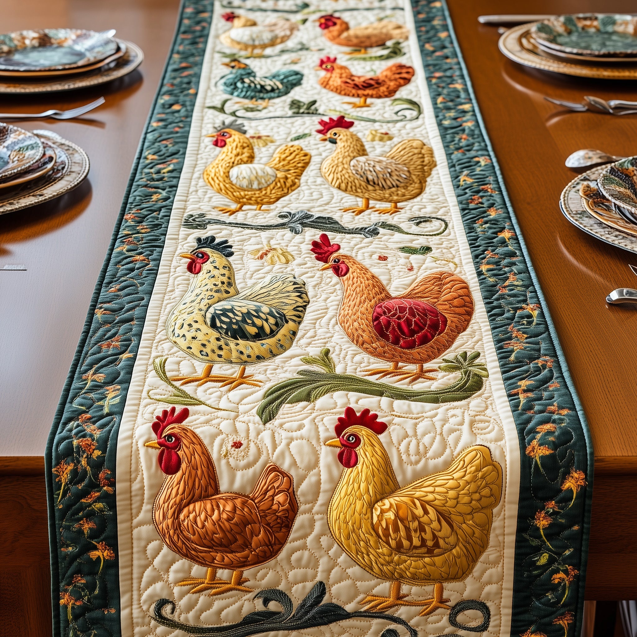 Chicken Quilted Table Runner Holiday Party Table Runner