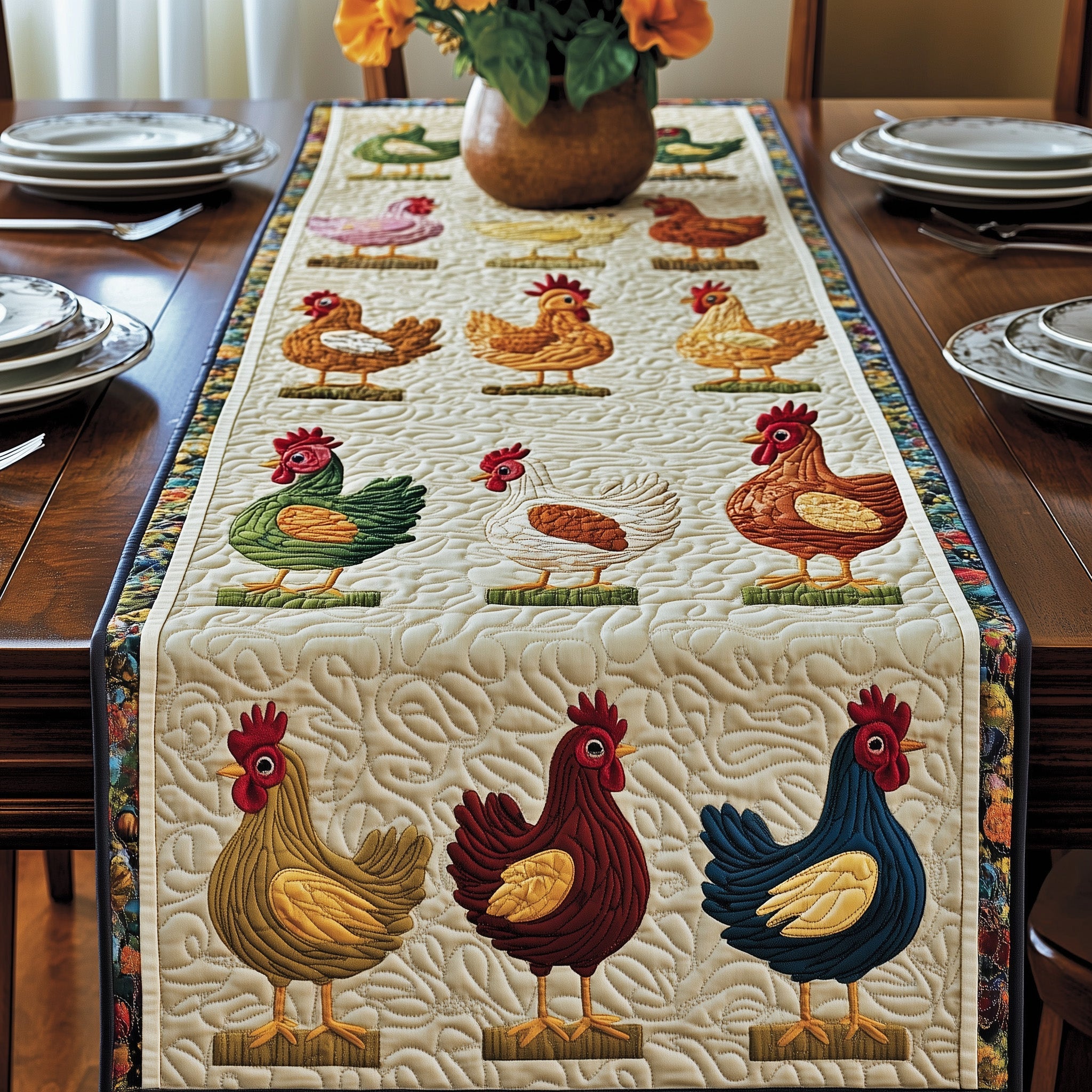 Chicken Quilted Table Runner Winter Table Runner