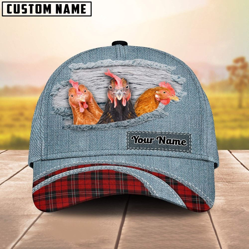 Chicken Red Caro And Jeans Pattern Customized Name Cap Farm Cap Farmer Baseball Cap Gift For Farmer