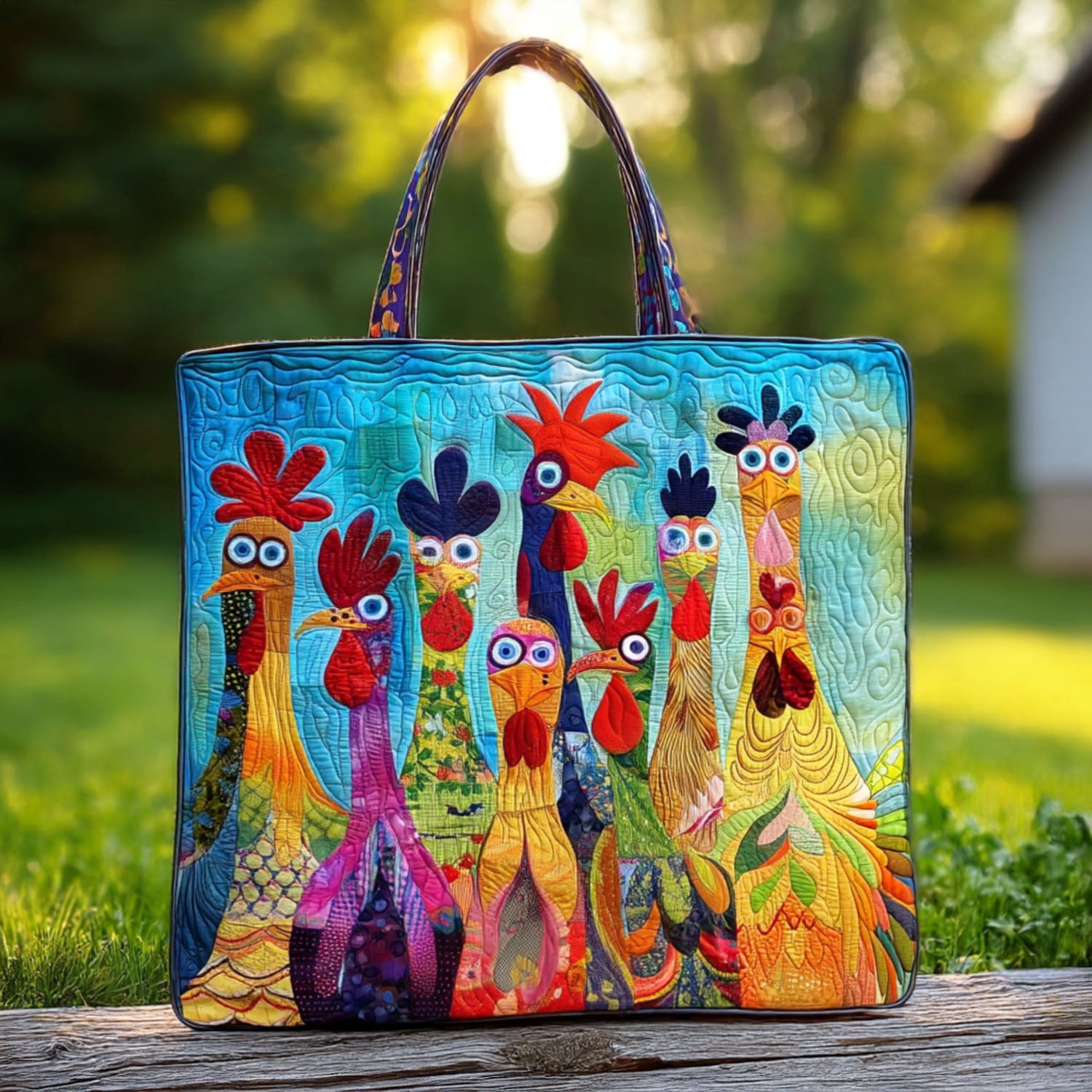 Chicken Vibrant Village Quilted Tote Bag Farmer Present Ideas