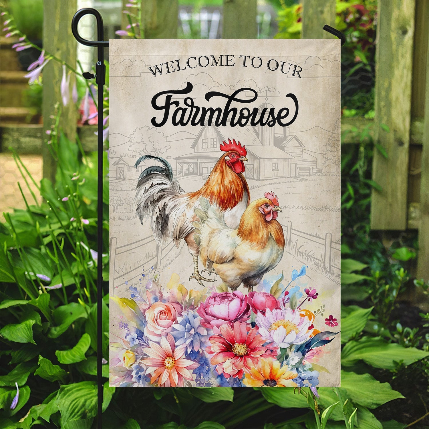 Chicken With Flower Flag Welcome To Our Farmhouse Home Decor Gift For Chicken Lovers
