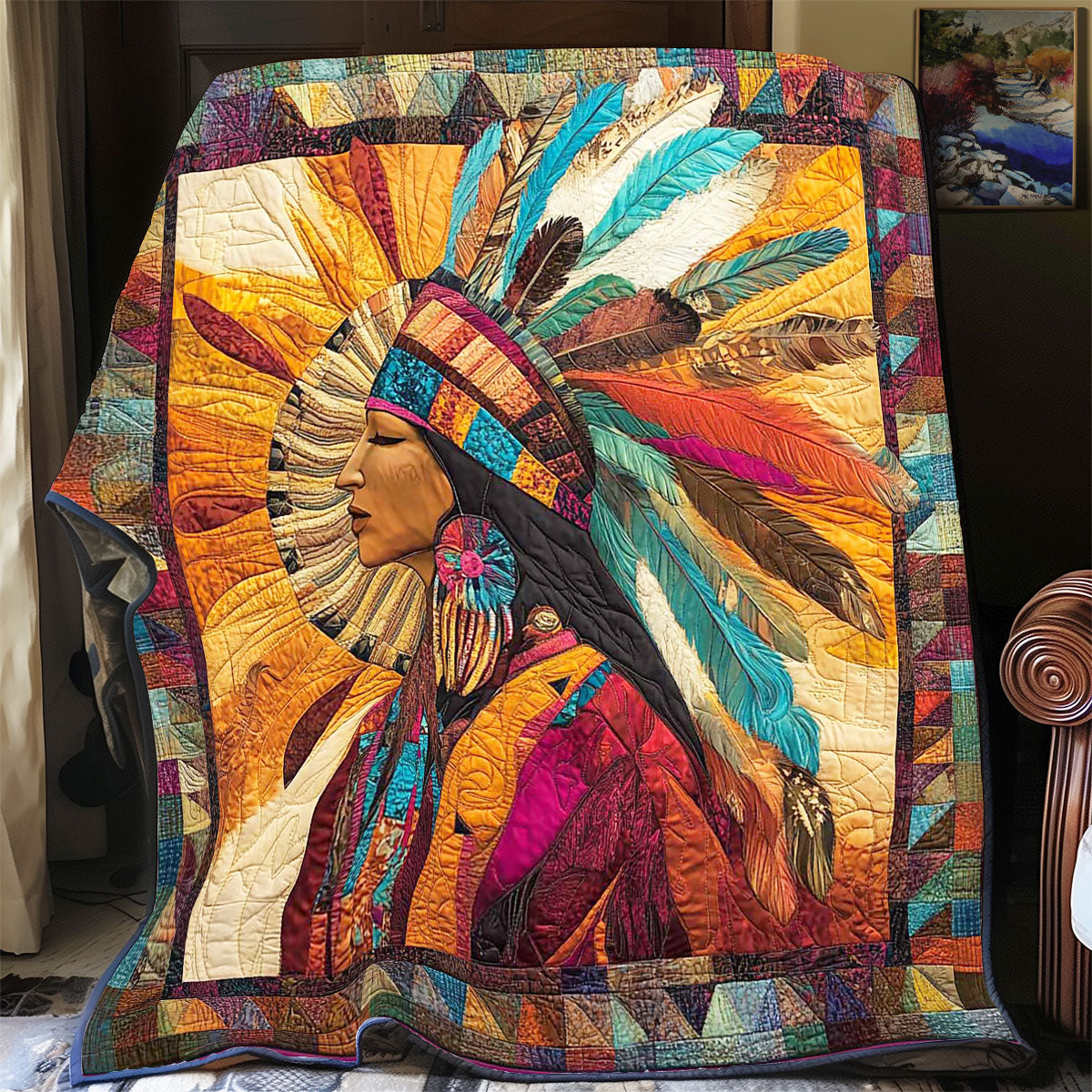 Chief Aura Native American Quilt Blanket King Size Blanket Christian Gifts For Christmas