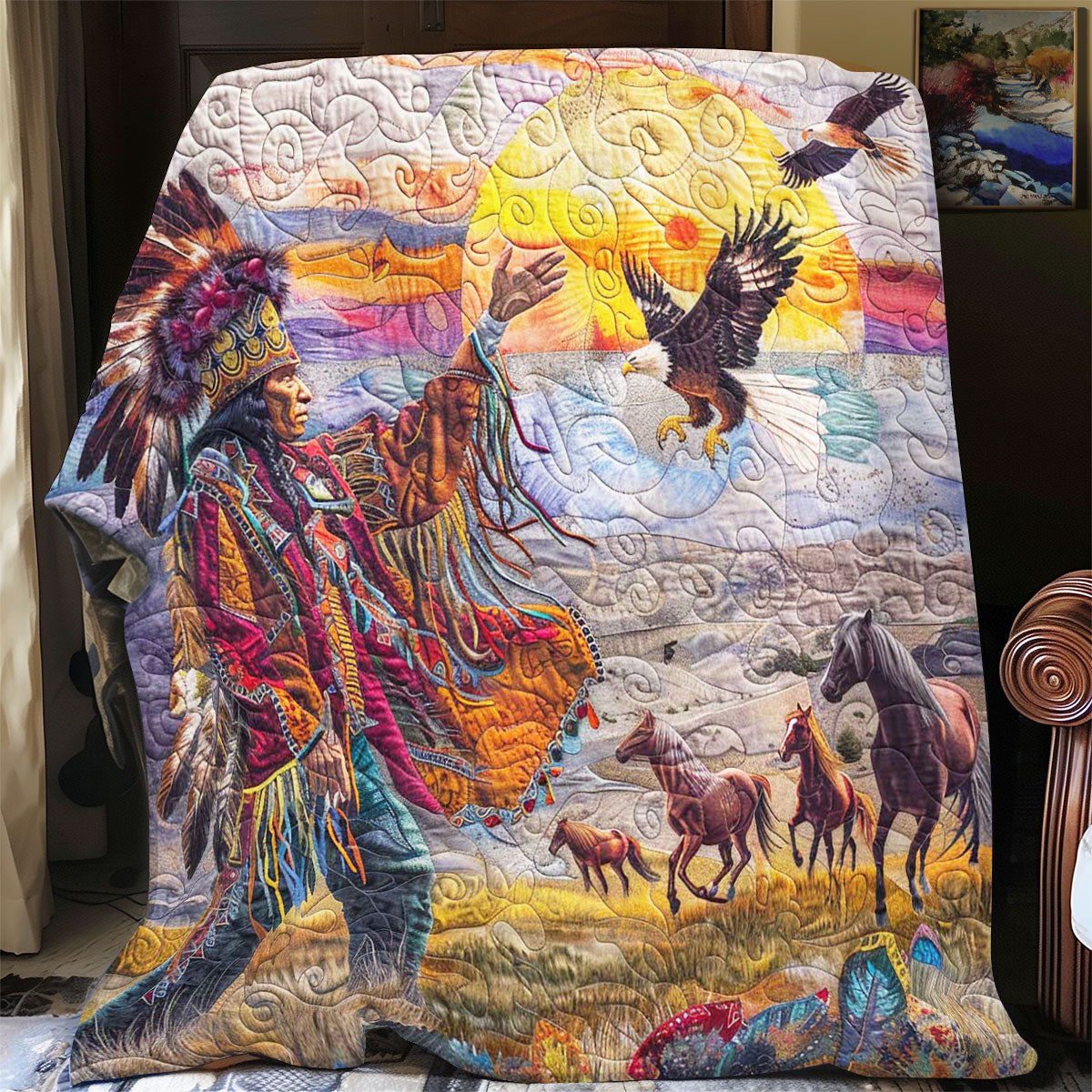 Chief Native American Quilt Blanket Best Throw Blanket Meaningful Anniversary Gifts