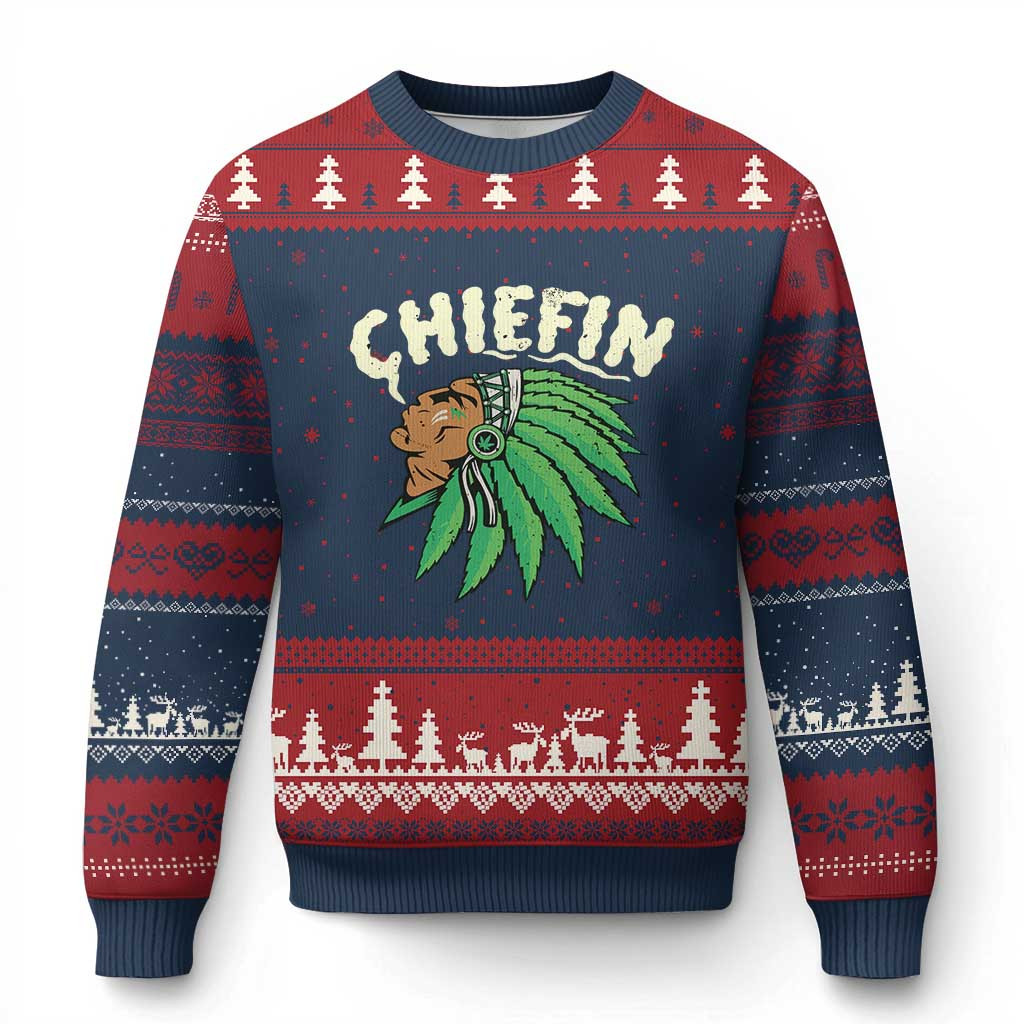 Chiefin Smoking Ugly Christmas Sweater Funny Cannabis Pot Smoker Gift For Friend