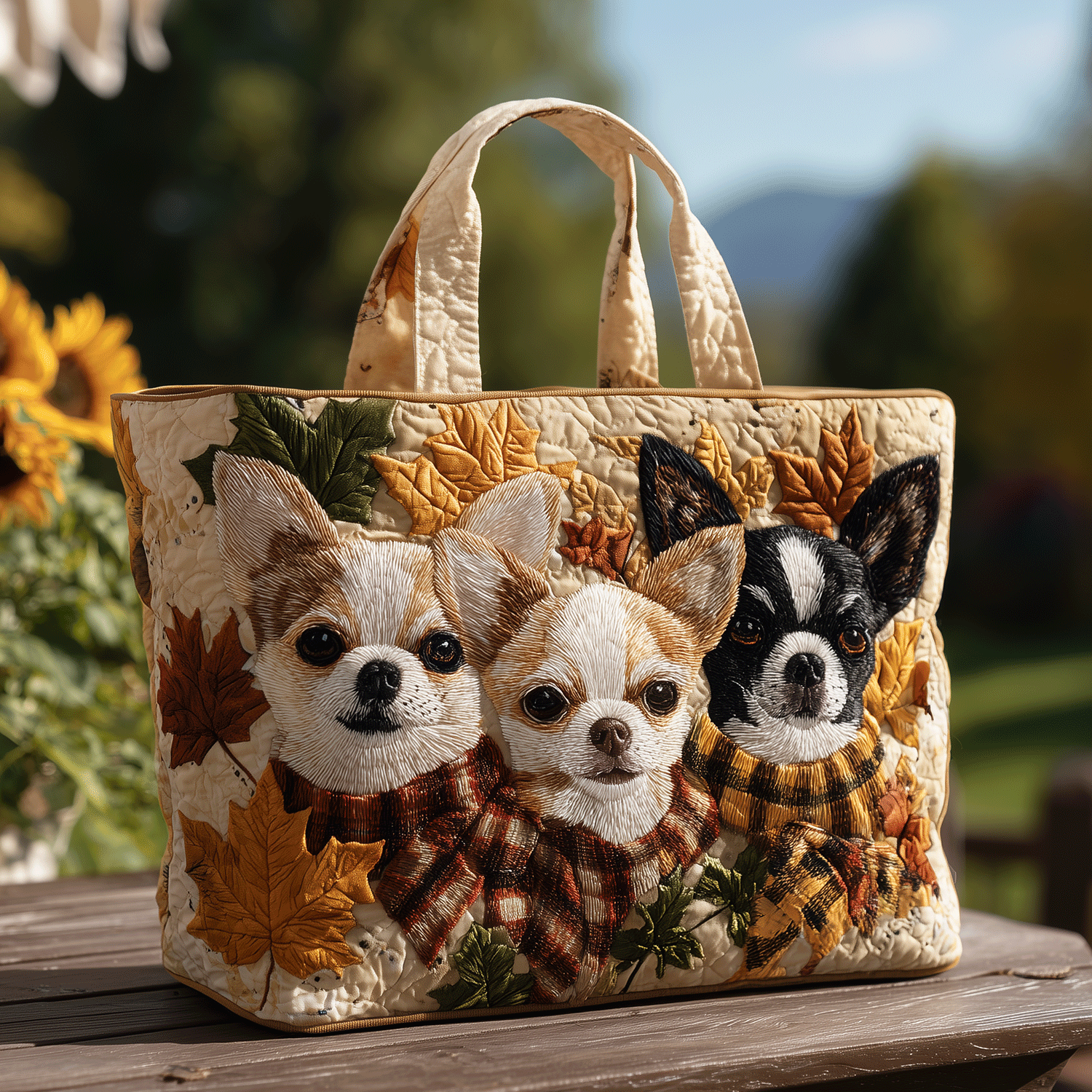 Chihuahua Fall Vibes Quilted Tote Bag Present Ideas For Dog Lovers