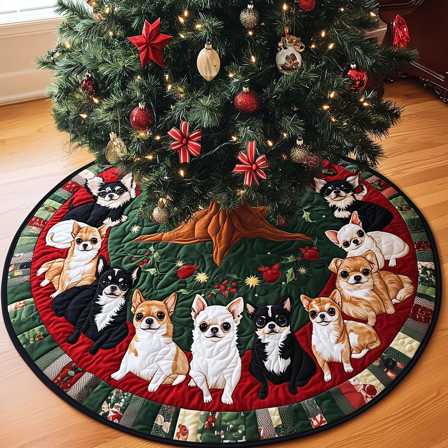 Chihuahua Holiday Spirit Quilted Christmas Tree Skirt Holiday Merch That Completes Your Christmas Setup