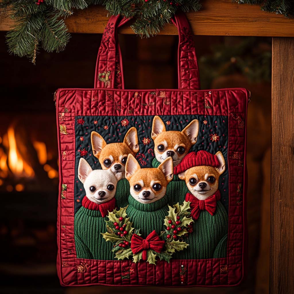 Chihuahua Noel Choir Quilted Tote Bag Presents For People With Dogs