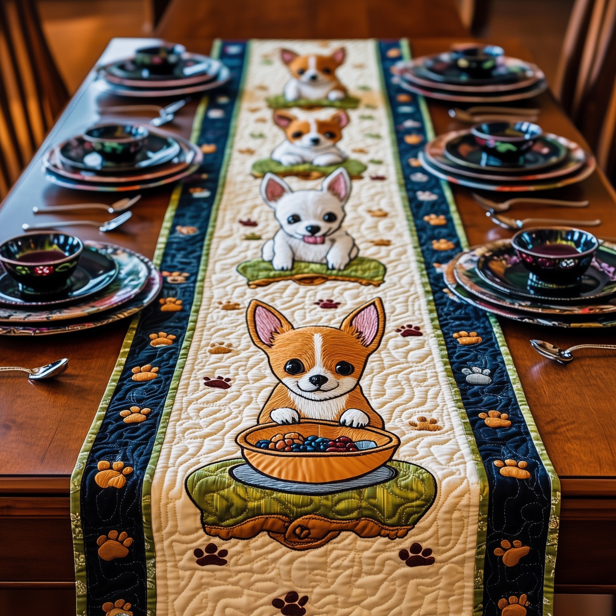 Chihuahua Quilted Table Runner Merry Christmas Table Runner Decor