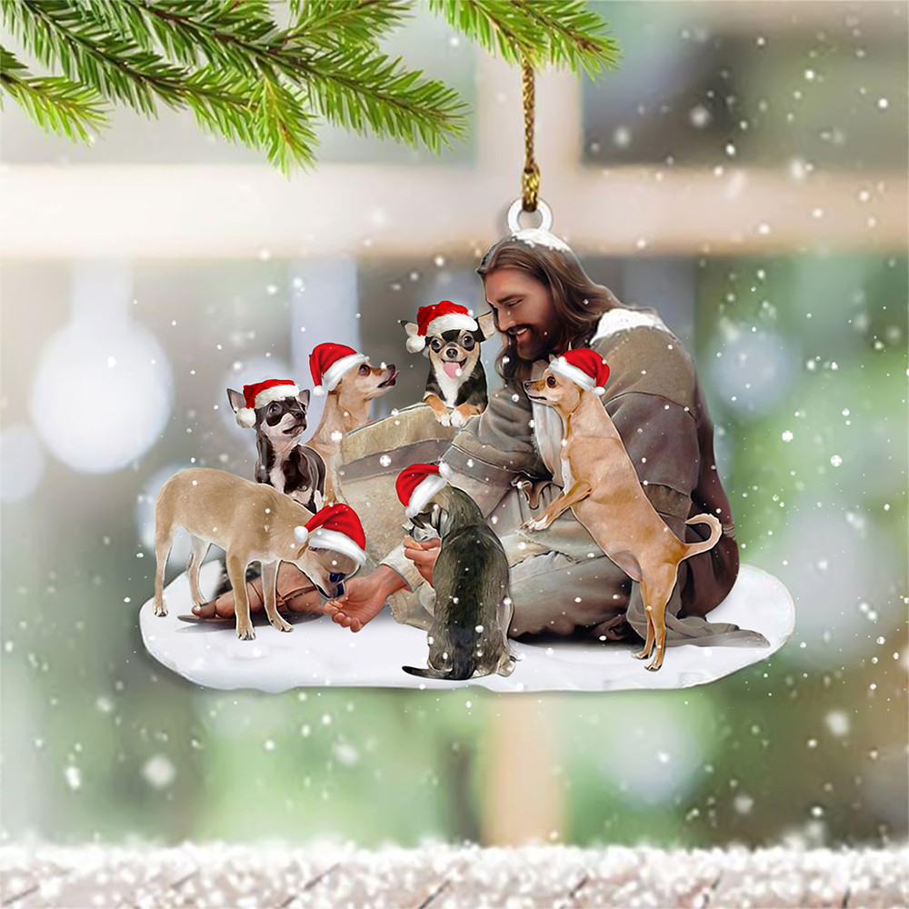 Chihuahua Santa With God Jesus Ornaments Chihuahua Lovers Xmas Tree Ornaments Christian Decor