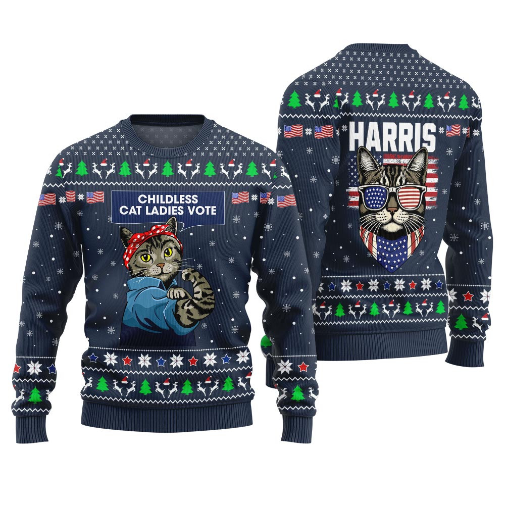 Childless Cat Ladies For Kamala Ugly Holiday Sweater Navy Merry Christmas Sweatshirt for Holiday Fun