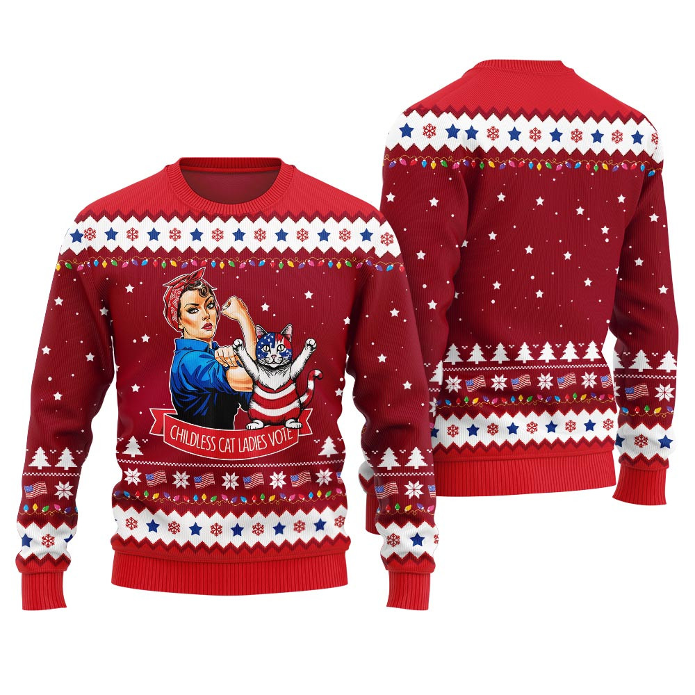 Childless Cat Ladies Kamala Harris Ugly Christmas Sweater Red Warm Winter Merch Gift for Someone You Love