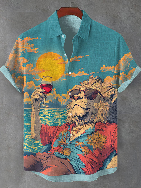 Chilling Sunrise Red Wine Lion Art Hawaiian Shirt Gifts For My Boyfriend