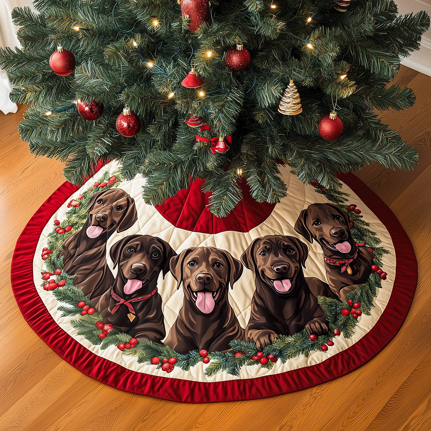 Chocolate Labrador Quilted Christmas Tree Skirt Custom Christmas Tree Skirt Merch for Your Family