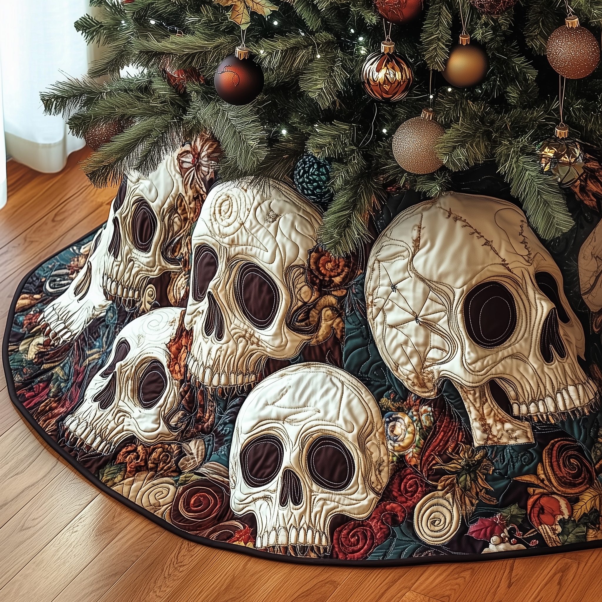 Chrismas Vintage Skull Quilted Tree Skirt Magical Christmas Spirit Merch