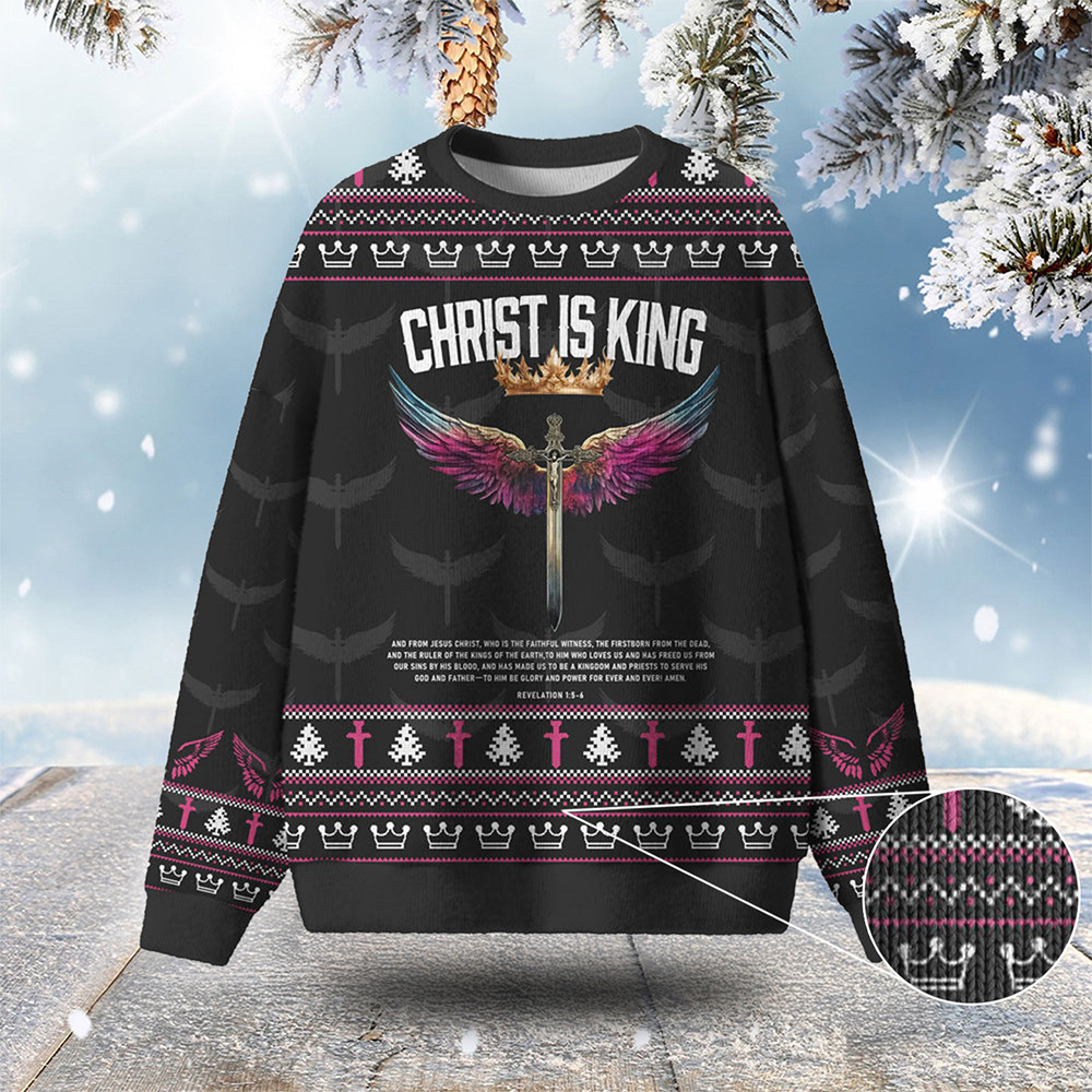 Christ Is King Ugly Christmas Sweater Holy Cross Pattern Unique Christian Gifts For Him