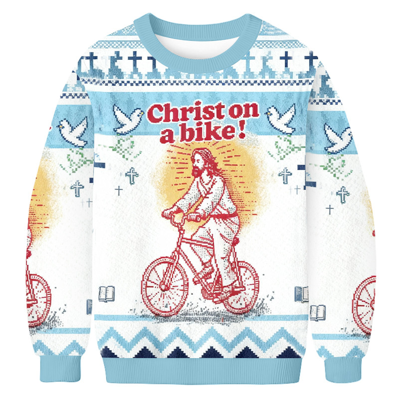 Christ On A Bike Ugly Sweater Christian Themed Holiday Apparel Unique Gifts For Christians