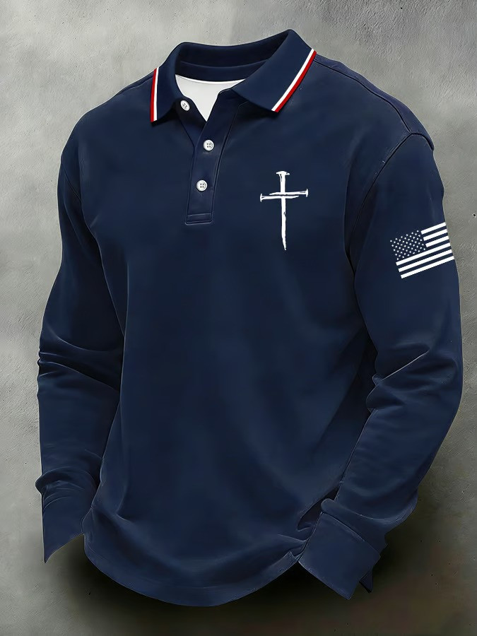 Christan Cross Polo Long Sleeve Shirt American Flag Christian Faith Patriotic Apparel Best Gift For Men