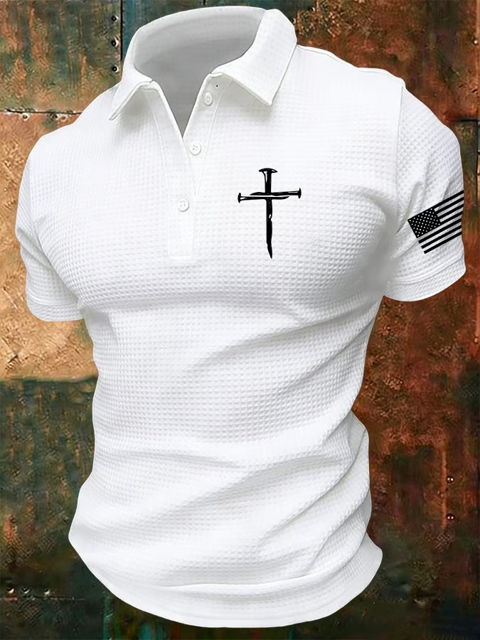 Christan Cross Polo Shirt American Flag Patriotic Christian Faith Top Best Gift For Believers Fathers Day