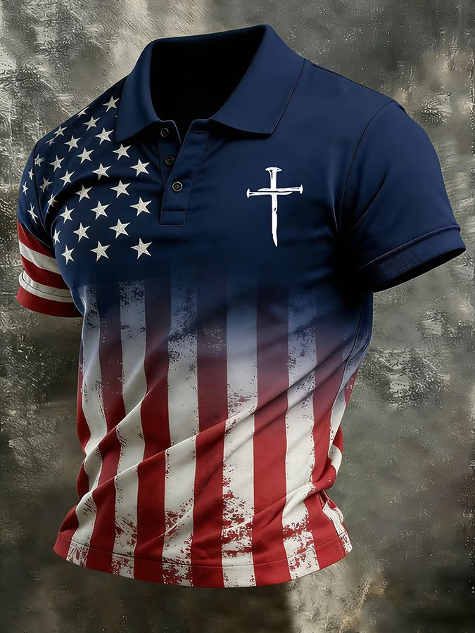 Christan Cross USA Polo Shirt Patriotic American Flag Christian Faith Apparel Best Gift For Believers