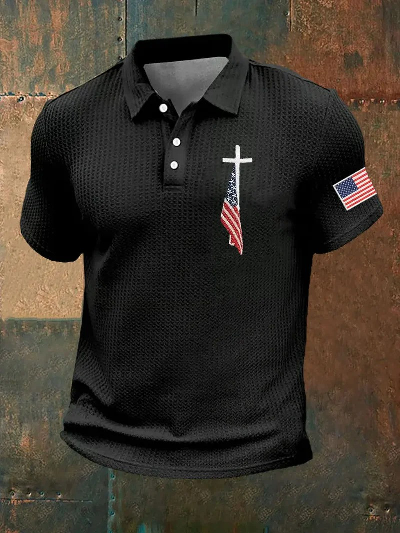 Christian Cross American Flag Polo Shirt Patriotic Faith Apparel In God We Trust Gift For Believers