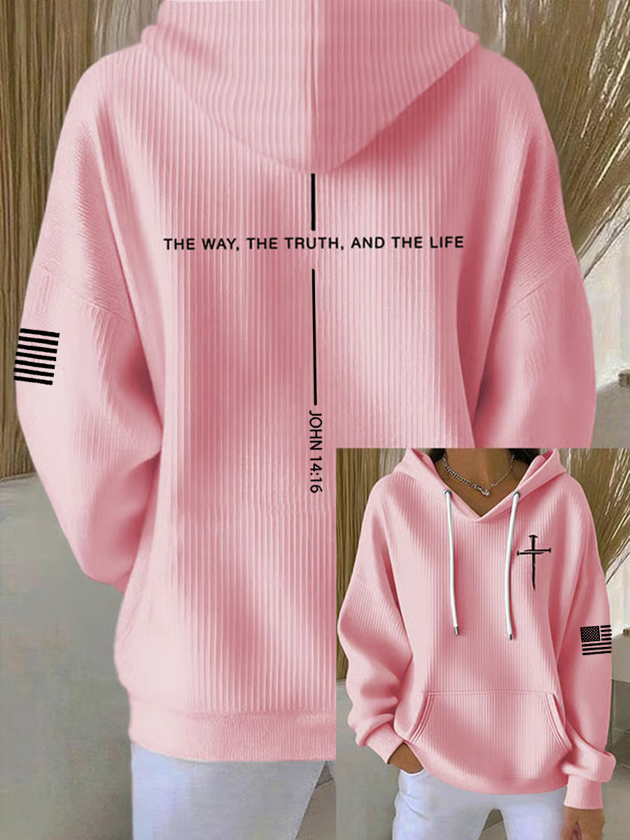 Christian Cross Bible Verse Ribbed Hoodie The Way The Truth And The Life Pullover Gift For Her