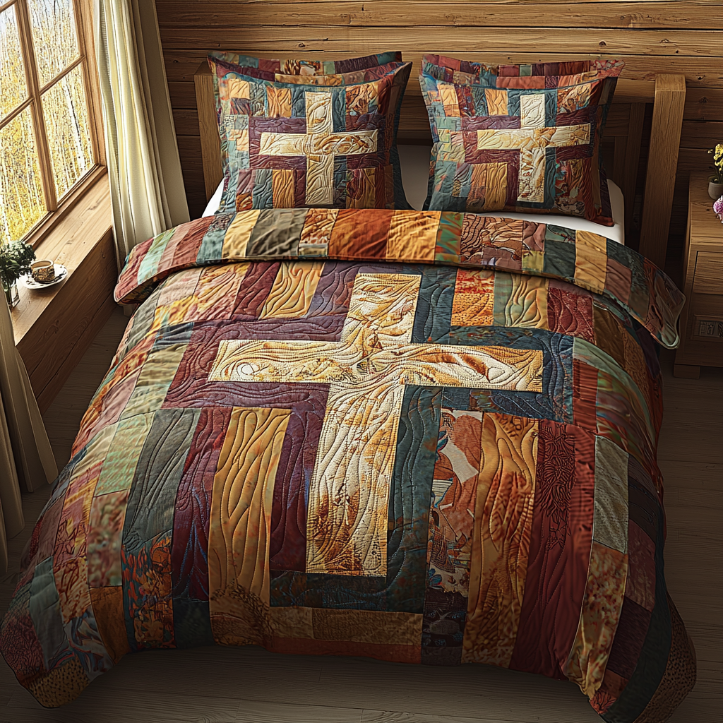 Christian Cross Blessings Quilted Bedding Set Cozy Bedroom Decor Religious Christmas Presents
