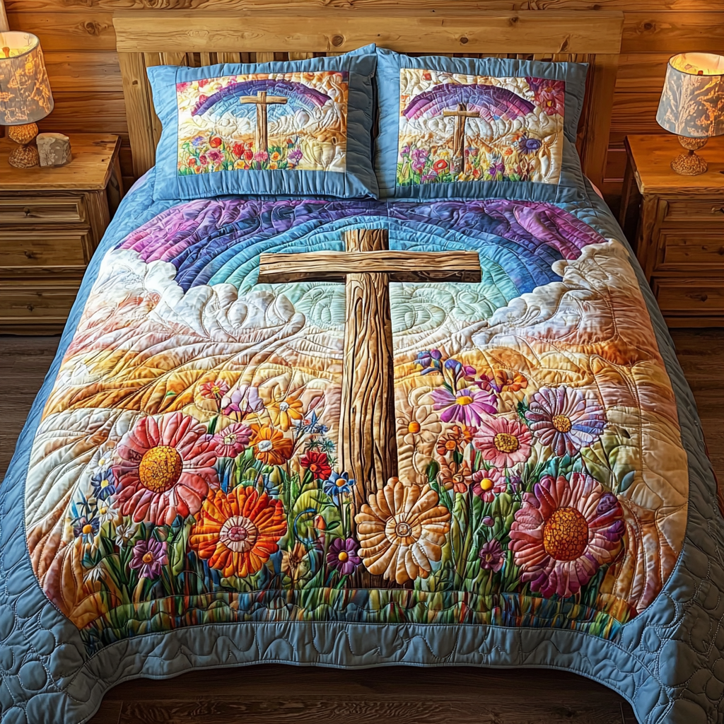 Christian Cross Glory Quilted Bedding Set Bed Room Decoration Mothers Day Church Gift Ideas