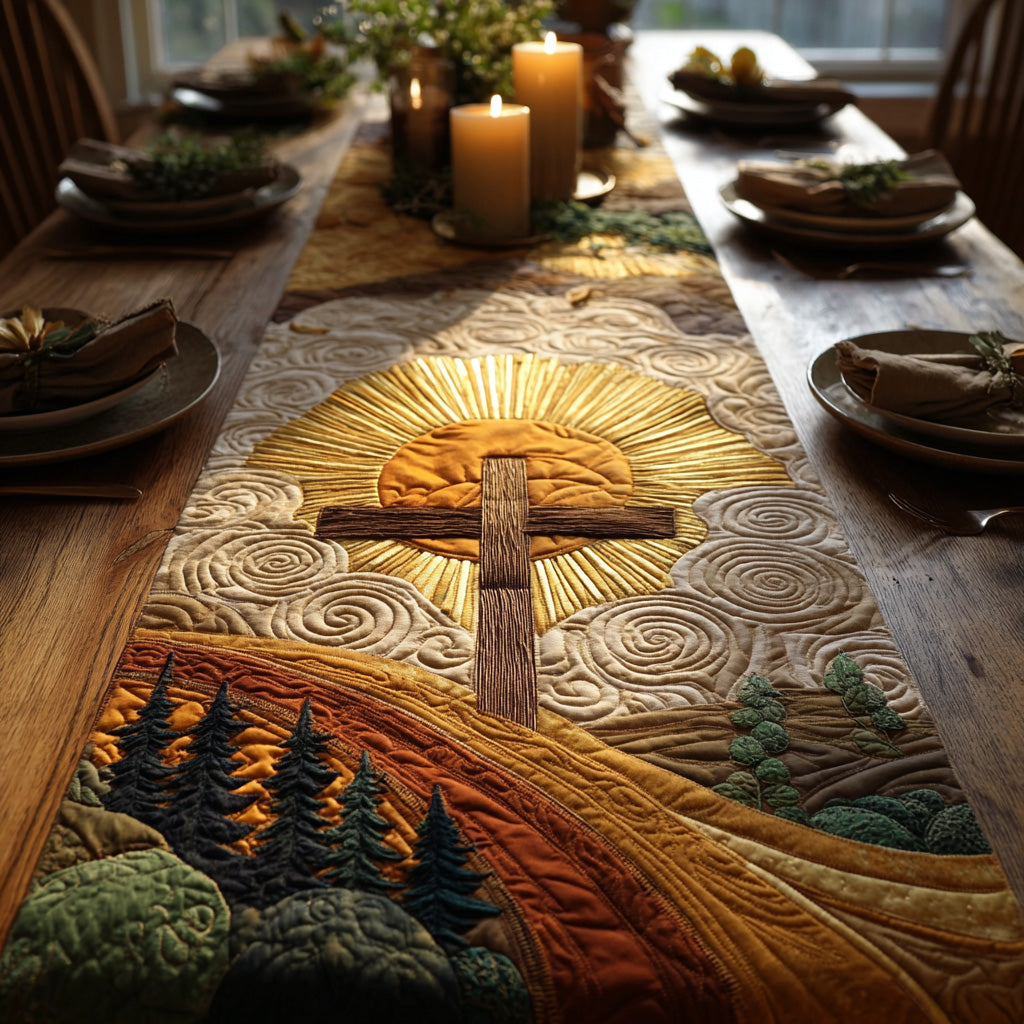 Christian Cross Light Quilted Table Runner Dining Table Decor Gift For Christian