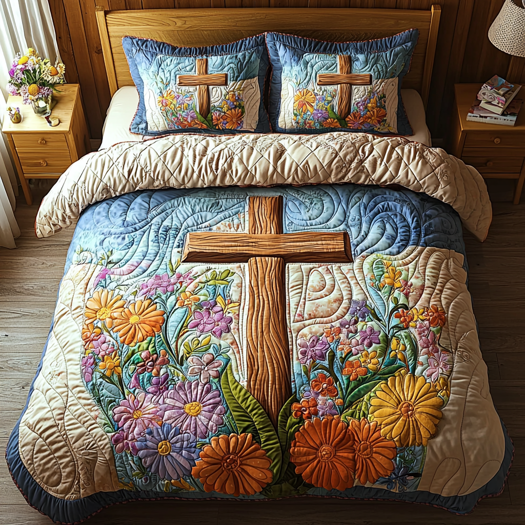 Christian Cross Path Quilted Bedding Set Bedroom Decorations Christian Gifts For Easter
