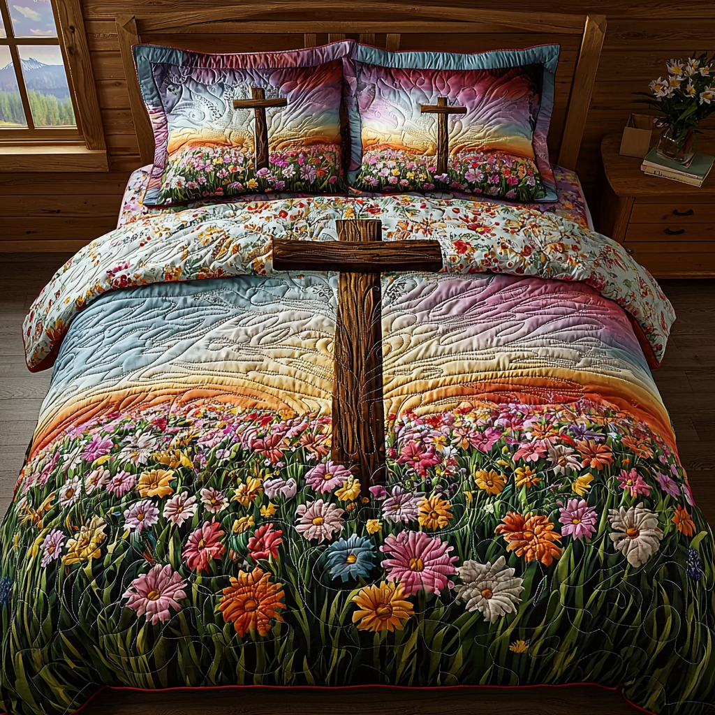 Christian Cross Peace Quilted Bedding Set Aesthetic Room Decor Christian Gifts For Teens